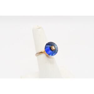 Vintage Blue Rivoli Glass Ring Adjustable Gold Tone Size 7 1960s